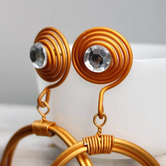 Vintage 90s Aluminum Wrap Oval Wire Door Knocker Rhinestone Pierced Earrings NWT - Picture 2 of 5